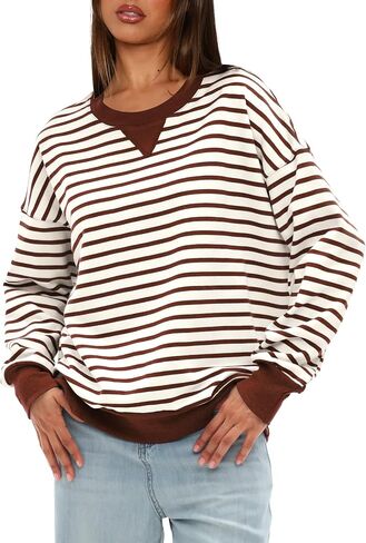 Darong Women Oversized Striped Color Block Long Sleeve Crew Neck Sweatshirt Casual Cotton Pullover Sweatshirts Fall Cloth in Saudi Arabia