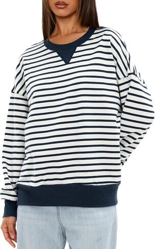 Darong Women Oversized Striped Color Block Long Sleeve Crew Neck Sweatshirt Casual Cotton Pullover Sweatshirts Fall Cloth in Saudi Arabia