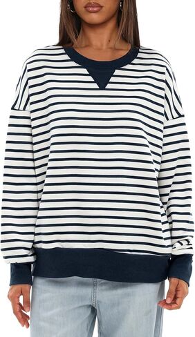 Darong Women Oversized Striped Color Block Long Sleeve Crew Neck Sweatshirt Casual Cotton Pullover Sweatshirts Fall Cloth in Saudi Arabia