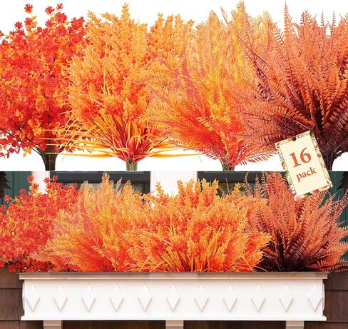 16 Bundles Artificial Fall Flowers Decor Fake Mums Outdoor Faux Flowers UV Resistant Artificial Autumn Flowers & Greenery Plants Shrubs Mums Fern Eucalyptus for Home Porch Table Decor in Saudi Arabia