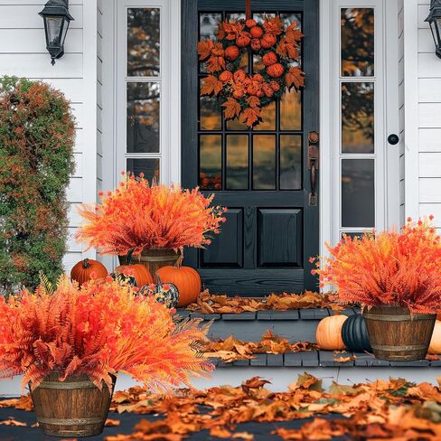 16 Bundles Artificial Fall Flowers Decor Fake Mums Outdoor Faux Flowers UV Resistant Artificial Autumn Flowers & Greenery Plants Shrubs Mums Fern Eucalyptus for Home Porch Table Decor in Saudi Arabia