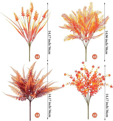16 Bundles Artificial Fall Flowers Decor Fake Mums Outdoor Faux Flowers UV Resistant Artificial Autumn Flowers & Greenery Plants Shrubs Mums Fern Eucalyptus for Home Porch Table Decor in Saudi Arabia