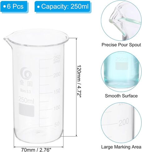 PATIKIL 50ml Tall Glass Beaker, 6Pcs 3.3 Borosilicate Glass Beakers Graduated Measuring Cup with Spout for Lab Experiment, Cooking and Baking, Clear in Saudi Arabia