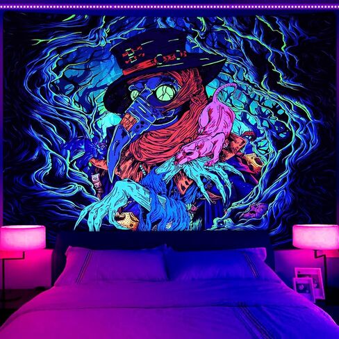 Invoibler Blacklight Halloween نسيج الأشعة فوق البنفسجية رد الفعل الغراب المفروشات النيون الرعب الطاعون الطبيب نسيج مخيف نسيج الجمالية في العصور الوسطى الجدار شنقا لغرفة النوم (51.2 × 59.1 بوصة) in Kuwait