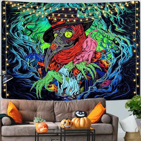 Invoibler Blacklight Halloween نسيج الأشعة فوق البنفسجية رد الفعل الغراب المفروشات النيون الرعب الطاعون الطبيب نسيج مخيف نسيج الجمالية في العصور الوسطى الجدار شنقا لغرفة النوم (51.2 × 59.1 بوصة) in Kuwait