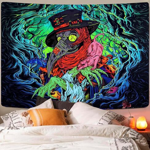 Invoibler Blacklight Halloween نسيج الأشعة فوق البنفسجية رد الفعل الغراب المفروشات النيون الرعب الطاعون الطبيب نسيج مخيف نسيج الجمالية في العصور الوسطى الجدار شنقا لغرفة النوم (51.2 × 59.1 بوصة) in Kuwait