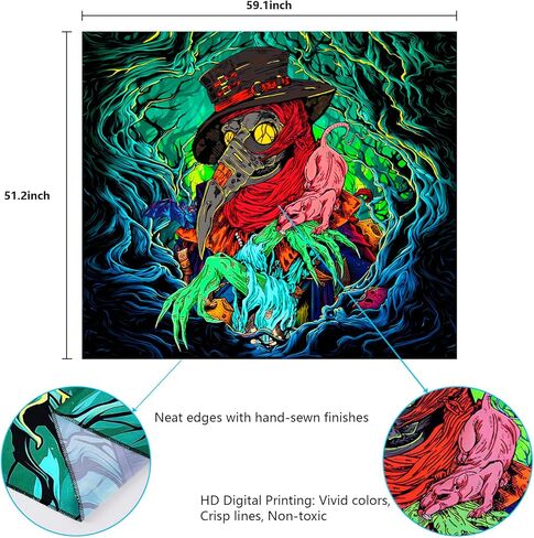 Invoibler Blacklight Halloween نسيج الأشعة فوق البنفسجية رد الفعل الغراب المفروشات النيون الرعب الطاعون الطبيب نسيج مخيف نسيج الجمالية في العصور الوسطى الجدار شنقا لغرفة النوم (51.2 × 59.1 بوصة) in Kuwait