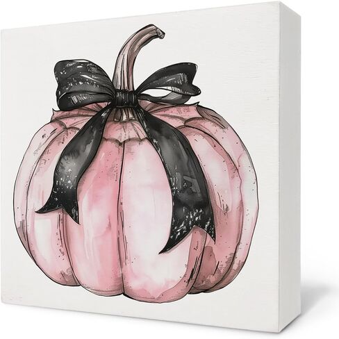 Coquette Pink Pumpkin Bow Wooden Box Sign,Fall Coquette Black Bow Wood Block Plaque Box Sign,Fall Halloween Wooden Decor For Home Tabletop Desk 5x5 Inches in Saudi Arabia