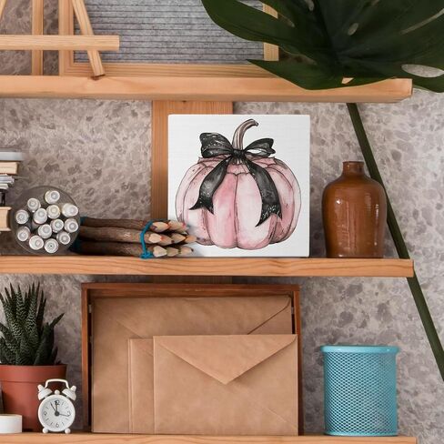 Coquette Pink Pumpkin Bow Wooden Box Sign,Fall Coquette Black Bow Wood Block Plaque Box Sign,Fall Halloween Wooden Decor For Home Tabletop Desk 5x5 Inches in Saudi Arabia