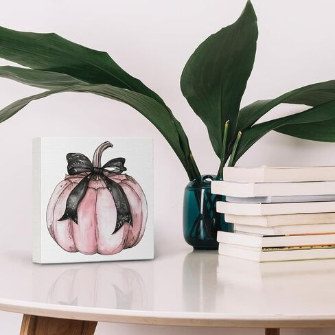 Coquette Pink Pumpkin Bow Wooden Box Sign,Fall Coquette Black Bow Wood Block Plaque Box Sign,Fall Halloween Wooden Decor For Home Tabletop Desk 5x5 Inches in Saudi Arabia