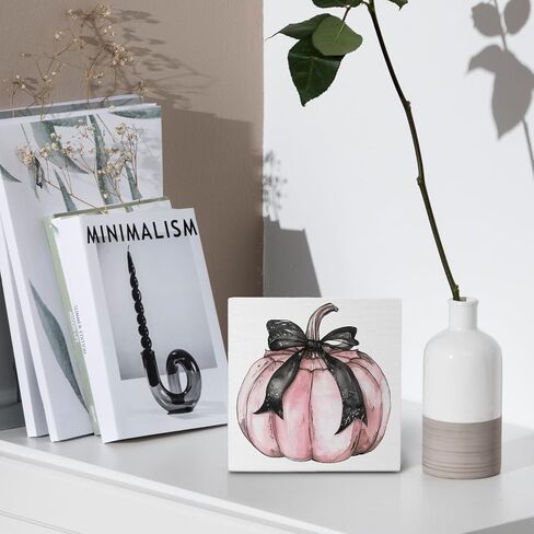 Coquette Pink Pumpkin Bow Wooden Box Sign,Fall Coquette Black Bow Wood Block Plaque Box Sign,Fall Halloween Wooden Decor For Home Tabletop Desk 5x5 Inches in Saudi Arabia