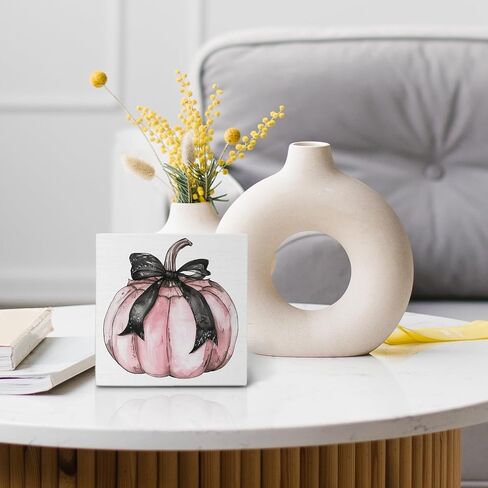 Coquette Pink Pumpkin Bow Wooden Box Sign,Fall Coquette Black Bow Wood Block Plaque Box Sign,Fall Halloween Wooden Decor For Home Tabletop Desk 5x5 Inches in Saudi Arabia