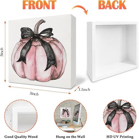 Coquette Pink Pumpkin Bow Wooden Box Sign,Fall Coquette Black Bow Wood Block Plaque Box Sign,Fall Halloween Wooden Decor For Home Tabletop Desk 5x5 Inches in Saudi Arabia