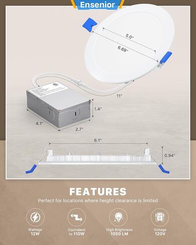 Ensenior 1 Pack 6 Inch LED Recessed Ceiling Light, Dimmable, 5000K Daylight, 1050LM 12W 120V, High Brightness Canless Wafer Downlight - ETL&FCC&IC in Saudi Arabia