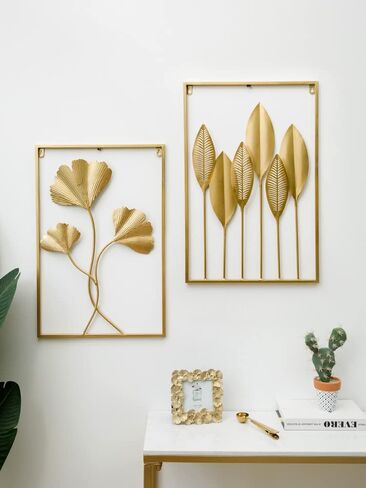 MAIKAILUN 4 قطع من الأعمال الفنية الجدارية المعدنية الذهبية لغرفة المعيشة، إطار أوراق كبيرة لهجة أوراق ديكور الحائط للمنزل (15.7 × 23.6) in Kuwait