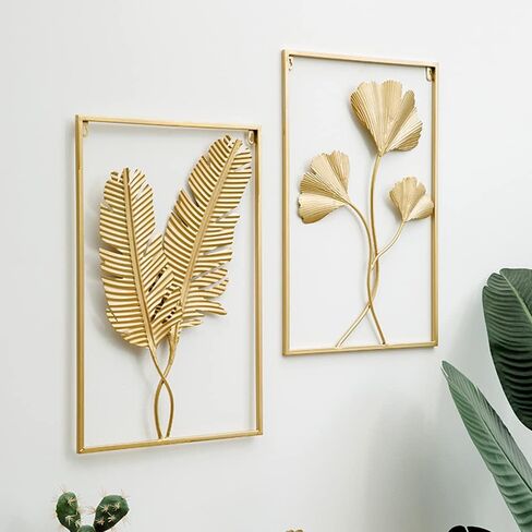MAIKAILUN 4 قطع من الأعمال الفنية الجدارية المعدنية الذهبية لغرفة المعيشة، إطار أوراق كبيرة لهجة أوراق ديكور الحائط للمنزل (15.7 × 23.6) in Kuwait