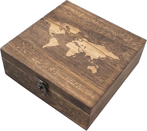 Our Adventures Box, 7.7 x 7.7 x 2.7 Inches, Decorative Wooden Keepsake Box Memory Box with World Map Background Engraved Wood Box with Lid Unique Gift Ideas Wedding Engagement Gift in Kuwait