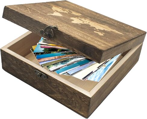 Our Adventures Box, 7.7 x 7.7 x 2.7 Inches, Decorative Wooden Keepsake Box Memory Box with World Map Background Engraved Wood Box with Lid Unique Gift Ideas Wedding Engagement Gift in Kuwait