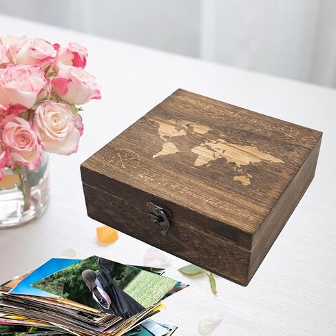 Our Adventures Box, 7.7 x 7.7 x 2.7 Inches, Decorative Wooden Keepsake Box Memory Box with World Map Background Engraved Wood Box with Lid Unique Gift Ideas Wedding Engagement Gift in Kuwait