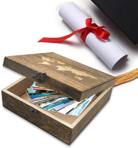 Our Adventures Box, 7.7 x 7.7 x 2.7 Inches, Decorative Wooden Keepsake Box Memory Box with World Map Background Engraved Wood Box with Lid Unique Gift Ideas Wedding Engagement Gift in Kuwait