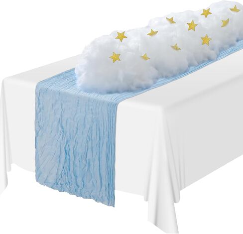 6 مجموعة من زخارف استحمام الطفل الأزرق مع 6 مفرش طاولة من القماش القطني الشاش بطول 10 أقدام مفرش طاولة بوهو دعائم سحابة اصطناعية 120 نجمة لامعة قصاصات ورقية لحفلات الزفاف وأعياد الميلاد in Kuwait