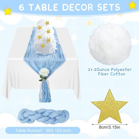 6 مجموعة من زخارف استحمام الطفل الأزرق مع 6 مفرش طاولة من القماش القطني الشاش بطول 10 أقدام مفرش طاولة بوهو دعائم سحابة اصطناعية 120 نجمة لامعة قصاصات ورقية لحفلات الزفاف وأعياد الميلاد in Kuwait