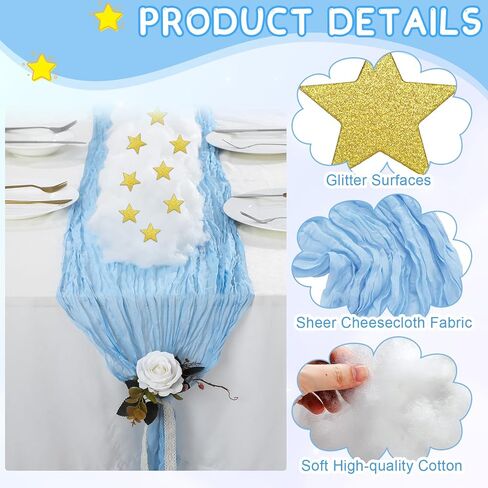 6 مجموعة من زخارف استحمام الطفل الأزرق مع 6 مفرش طاولة من القماش القطني الشاش بطول 10 أقدام مفرش طاولة بوهو دعائم سحابة اصطناعية 120 نجمة لامعة قصاصات ورقية لحفلات الزفاف وأعياد الميلاد in Kuwait
