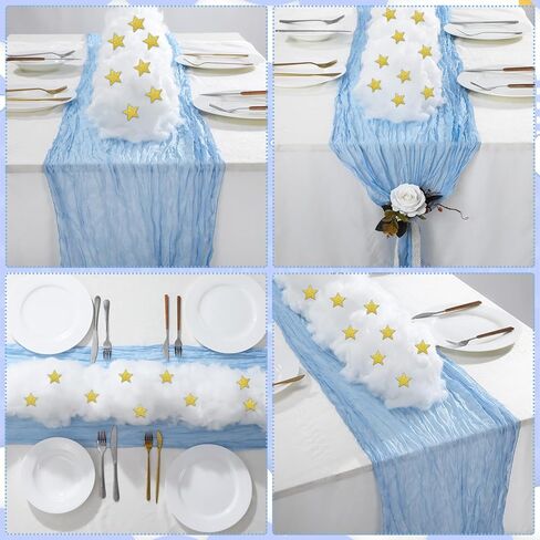 6 مجموعة من زخارف استحمام الطفل الأزرق مع 6 مفرش طاولة من القماش القطني الشاش بطول 10 أقدام مفرش طاولة بوهو دعائم سحابة اصطناعية 120 نجمة لامعة قصاصات ورقية لحفلات الزفاف وأعياد الميلاد in Kuwait