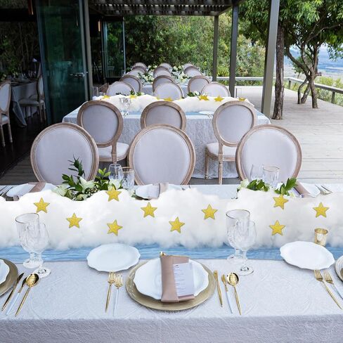 6 مجموعة من زخارف استحمام الطفل الأزرق مع 6 مفرش طاولة من القماش القطني الشاش بطول 10 أقدام مفرش طاولة بوهو دعائم سحابة اصطناعية 120 نجمة لامعة قصاصات ورقية لحفلات الزفاف وأعياد الميلاد in Kuwait