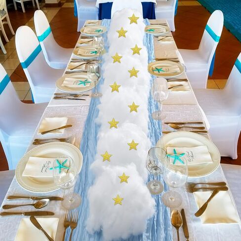 6 مجموعة من زخارف استحمام الطفل الأزرق مع 6 مفرش طاولة من القماش القطني الشاش بطول 10 أقدام مفرش طاولة بوهو دعائم سحابة اصطناعية 120 نجمة لامعة قصاصات ورقية لحفلات الزفاف وأعياد الميلاد in Kuwait