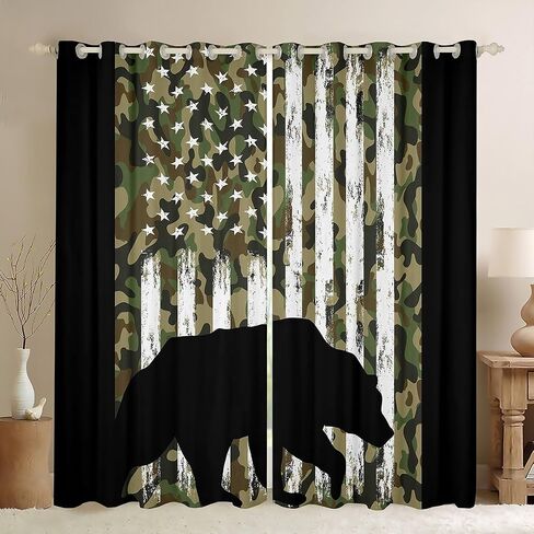 Erosebridal Black Bear Curtains Green Camouflage Curtains & Drapes, US Flag Blackout Curtains Army Military Camo Bedroom Curtains, Woodland Animal Window Treatments Farmhouse Lodge Cabin Decor in Saudi Arabia
