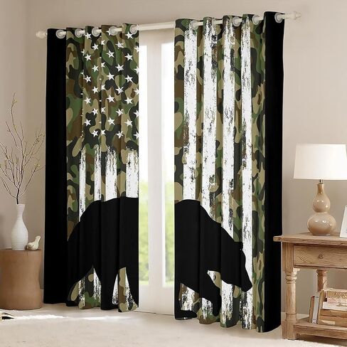 Erosebridal Black Bear Curtains Green Camouflage Curtains & Drapes, US Flag Blackout Curtains Army Military Camo Bedroom Curtains, Woodland Animal Window Treatments Farmhouse Lodge Cabin Decor in Saudi Arabia