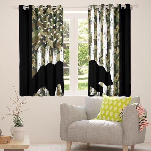 Erosebridal Black Bear Curtains Green Camouflage Curtains & Drapes, US Flag Blackout Curtains Army Military Camo Bedroom Curtains, Woodland Animal Window Treatments Farmhouse Lodge Cabin Decor in Saudi Arabia