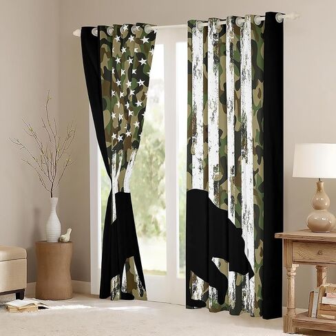 Erosebridal Black Bear Curtains Green Camouflage Curtains & Drapes, US Flag Blackout Curtains Army Military Camo Bedroom Curtains, Woodland Animal Window Treatments Farmhouse Lodge Cabin Decor in Saudi Arabia
