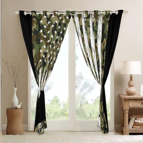 Erosebridal Black Bear Curtains Green Camouflage Curtains & Drapes, US Flag Blackout Curtains Army Military Camo Bedroom Curtains, Woodland Animal Window Treatments Farmhouse Lodge Cabin Decor in Saudi Arabia