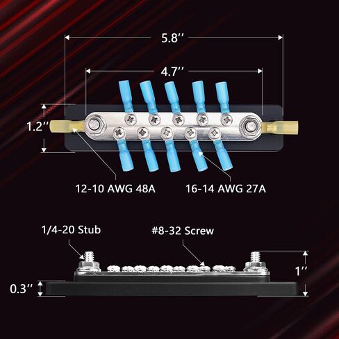 MICTUNING 10 Terminal Bus Bar Kit - كتلة التوزيع الأرضي لشريط الناقل 600 فولت مع 10 براغي و2 مسامير و12 محطة حلقات انكماش حراري in Kuwait