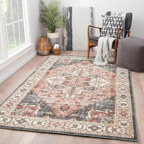 Asrug 3x5 Vintage Area Rug-Machine Washable Doormat Rug Low Pile Distressed Mat Medallion Floor Cover Carpet with Non-Slip Backing for Living Room Dinning Room Bedroom Entrance Indoor，Pink in Saudi Arabia