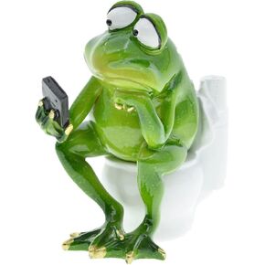 Frog Figurine Decor, Frog Sitting Toilet Focus his Phone, Creative Craft Resin Sculpture Statue for Desk Bathroom Home Decoration