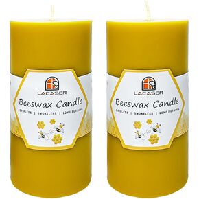 Lacaser Beeswax Pillar Candles,100% Pure Beeswax Candles,Long Burning Time 35 Hours Each,70 Hours Total for Set, Bees Wax Candle for Home, Large Size 1.9"x 3.9" (2 packs), Dripless& Smokeless