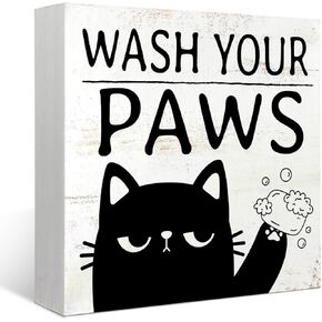 Mtrgdn Funny Bathroom Signs,Cat Decor Wood Box Sign,Wash Basin Farmhouse Rustic Wood Block Plaque for Table Shelf Decor,Wash Your Paws