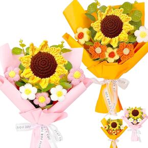 2pcs Crochet Flowers Bouquet Pink Handmade Knitted Bouquet Crochet Artificial Flowers Graduation Flower Bouquet for Mother's Day Birthday,Wedding Home Decor Gifts for Mom (Pink + Yellow)