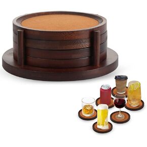 MinBoo Bamboo Coasters for Coffee Table Set of 6 Coasters for Drinks Absorbent with Holder Coffee Table Decor for Tabletop Protection Gifts for House Warming New Home & Wedding (Dark Brown 6Pcs)