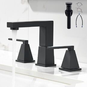 Two Handle 8 inch Widespread Bathroom Sink Faucet - Matte Black Bathroom Faucet 3 Hole, 3 Pieces Vanity Faucet with Pop Up Drain and cUPC Supply Hoses