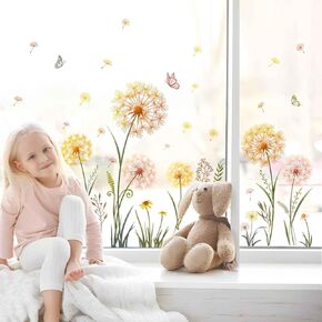 Dadenlion Flower Window Clings Yellow Dadenlion Floral Butterflies Window Stickers Spring Summer Static Window Decals for Home Store Window Glass Door Decoration