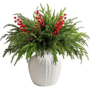 25 Pcs Christmas Norfolk Pine Branches with Red Berry Stems- 19" Extra Long Fake Greenery Norfolk Pine Stems Sprigs- Artificial Xmas Branches Plants Pine Leaves for DIY Craft Garland Home Decor