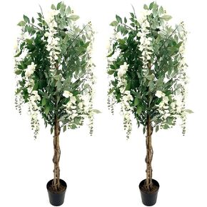 AMERIQUE Purple Pair Gorgeous & Dense 5 Feet Artificial Silk Wisteria Trees with Flowers, with Nursery Pots, Feel Real Technology, 5'