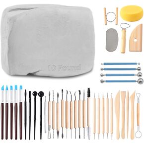 ReArt High Fire Pottery Clay Beige 10LBs Cone 06-10 with 40 Pcs Pottery Clay Sculpting Tool Set for Wheel Throwing Hand Building Pottery Clay for Sculpting All-Purpose Modeling Clay (10LB with Kit)