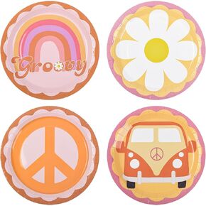 48 Pcs Groovy Party Plates Retro Hippie Boho Paper Plates 60s 70s Party Decorations 9" Daisy Flower Peace Round Disposable Plates for Birthday Baby Shower Wedding Bridal Tableware