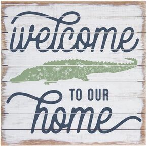 JINHEQIAO Interesting Metal Tin Sign Welcome to Our Home - Rustic Tin Signss - Alligator Print - Green Alligator - Gator - Farmhouse Coastal Home Decor - Beach House Home Wall 12x12 Inch Best Gift