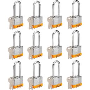 12 Pcs Keyed Alike Padlocks with Keys - Long Shackle Gym Locker Lock with Keys - Laminated Pad Locks with Same Keys for Door, Luggage, Gate, Storage, Fence, Cabinet, Garage, Shed, Latch